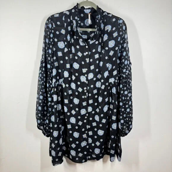 Free People Boho Turn Turn Sheer Mini Dress Size M Printed Festival  Peasant - Picture 4 of 15